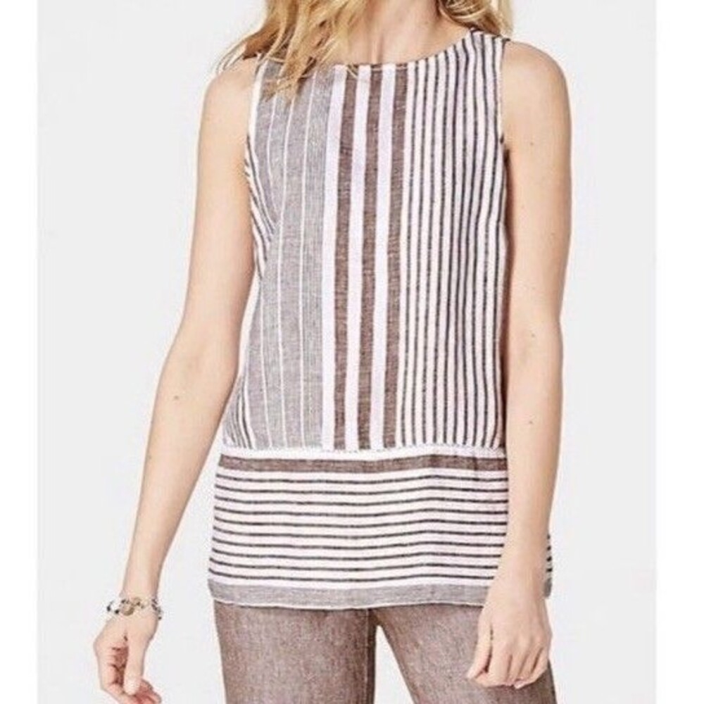 J. Jill Love LINEN Brown Tan White Striped Sleeveless Blouse Shirt Tank Top S